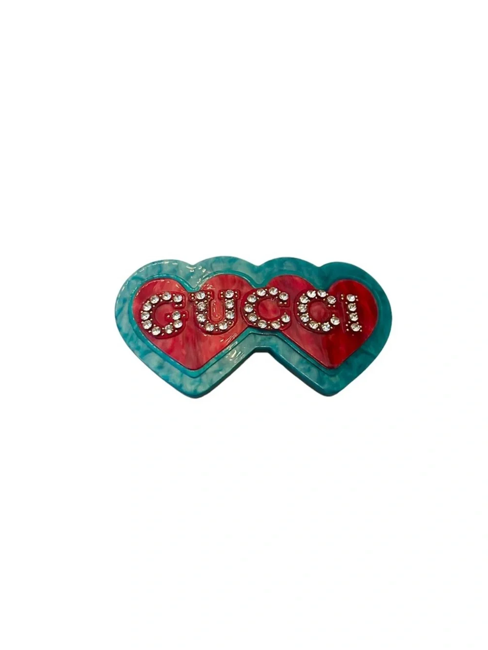 Gucci Red and Teal Double Heart Crystal Logo Hair Clip